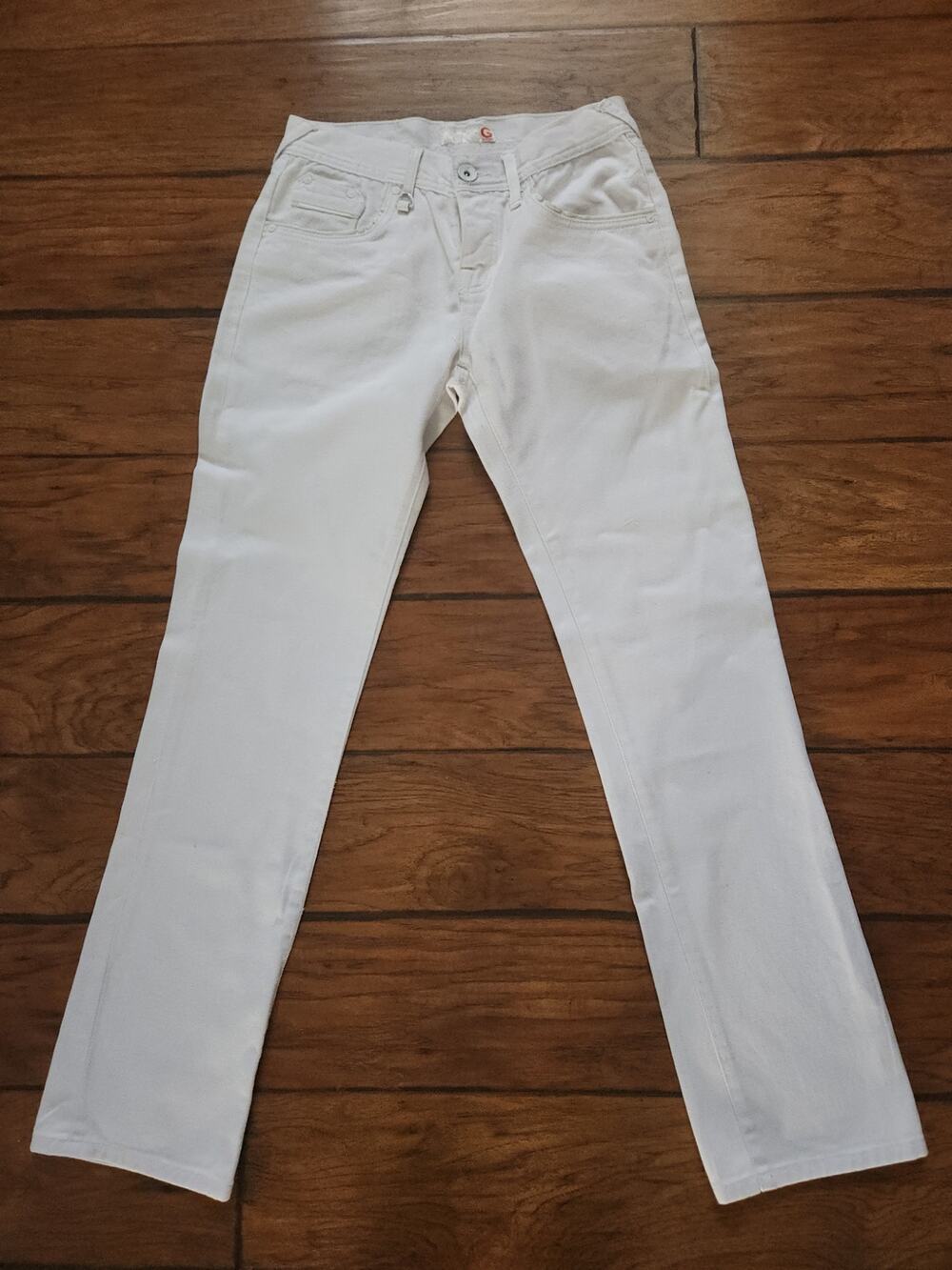 G by GUESS Calan Low Straight White Jeans Mens Sz 29 Union Jack Flap Pockets Y2K